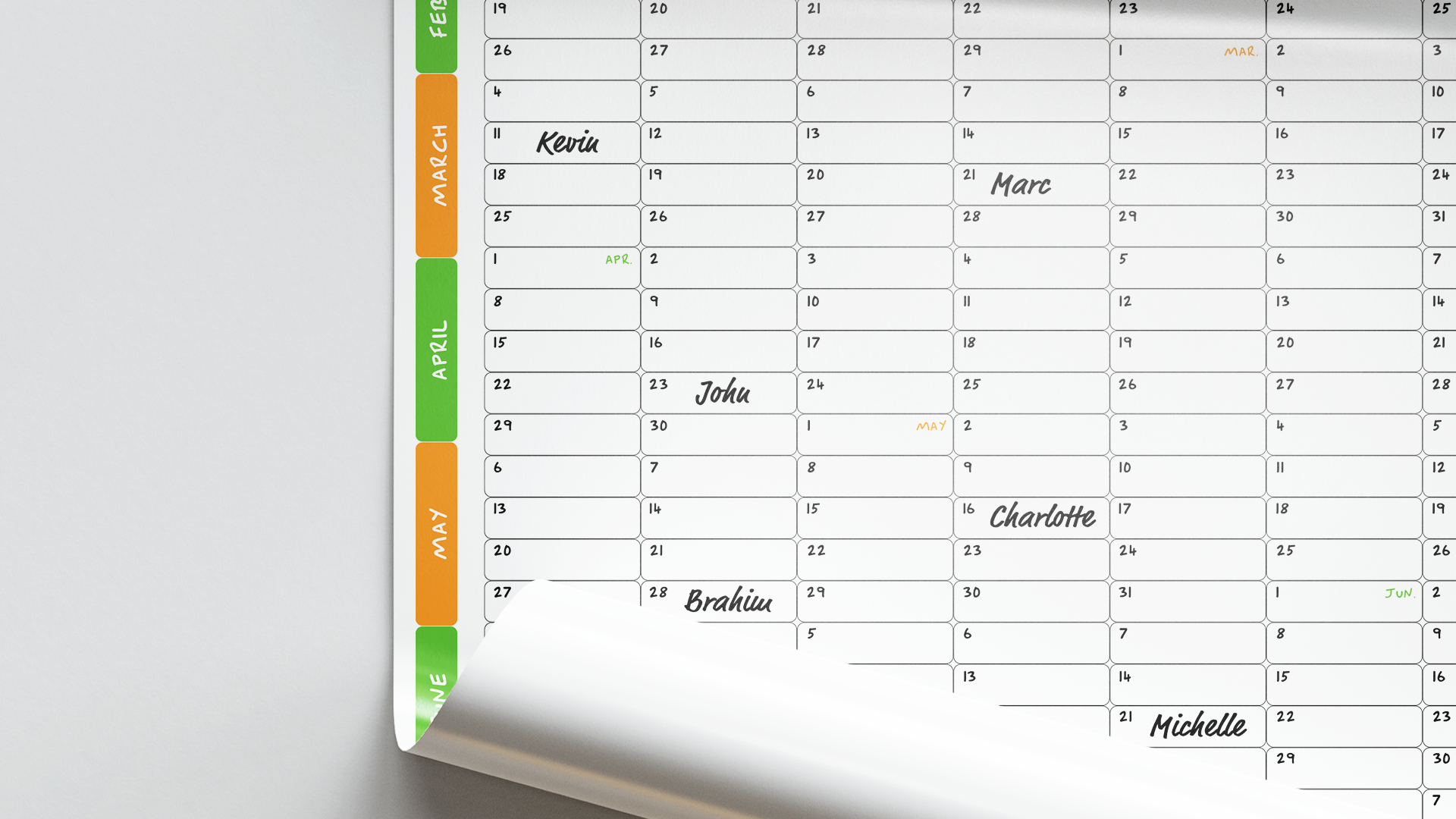 Close-up van The Wall Planner grid met maanden en weken